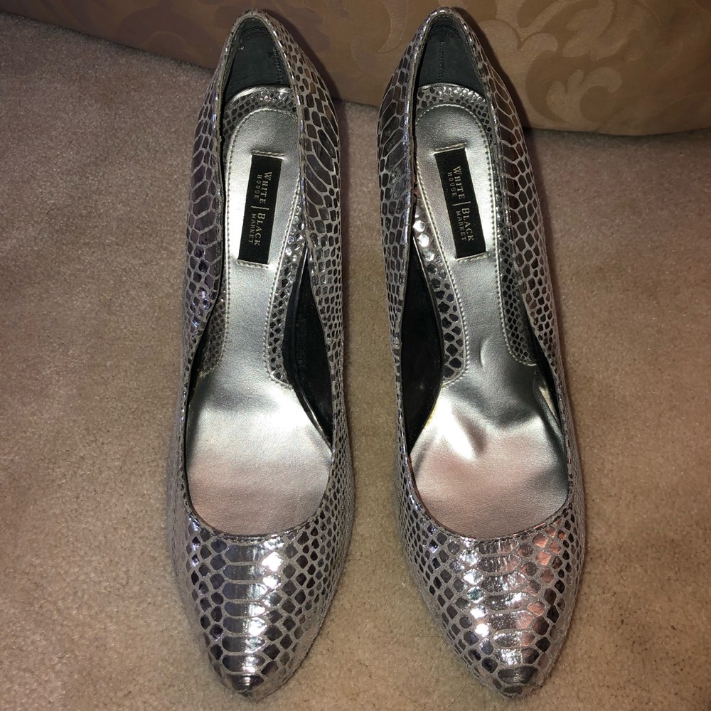 White House Black Market Silver Snakeskin Heels